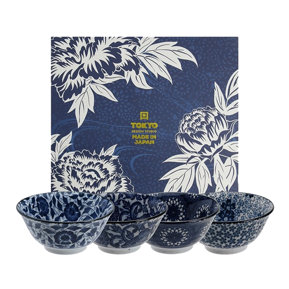 Picture of JP | Tokyo Design Studio | Mixed Bowls, Dark Blue Flower Giftset (4pcs., 550ml.) | 1 set