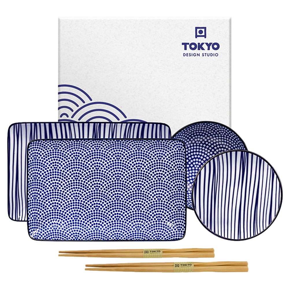 Picture of JP |Tokyo Design Studio | Nippon Blue, Giftbox Sushi Plate w Chop (4pcs.) | 1 set