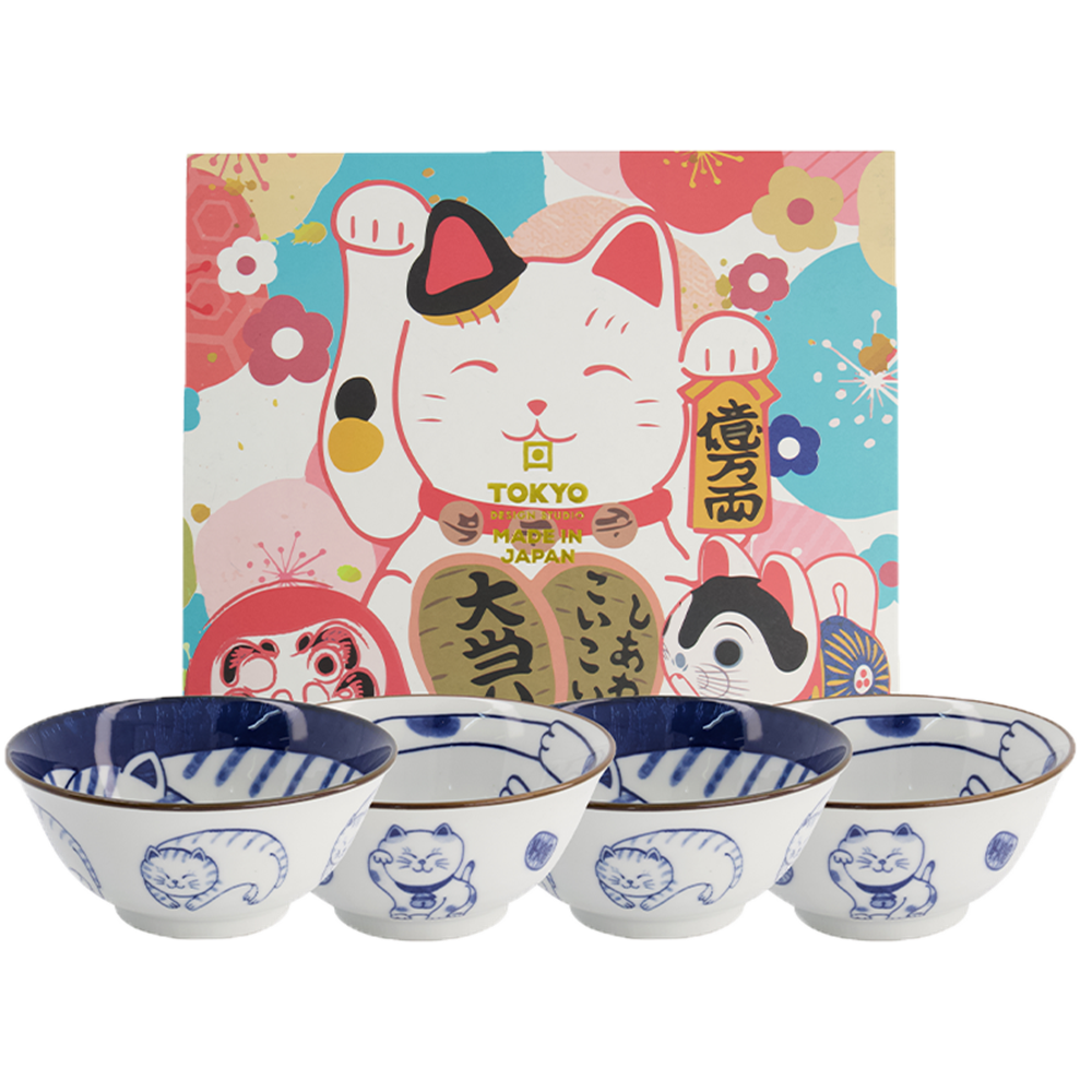 Picture of JP | Tokyo Design Studio | Kawaii Bowls, Lucky Cat Blue Giftset (500ml.) | 1 set