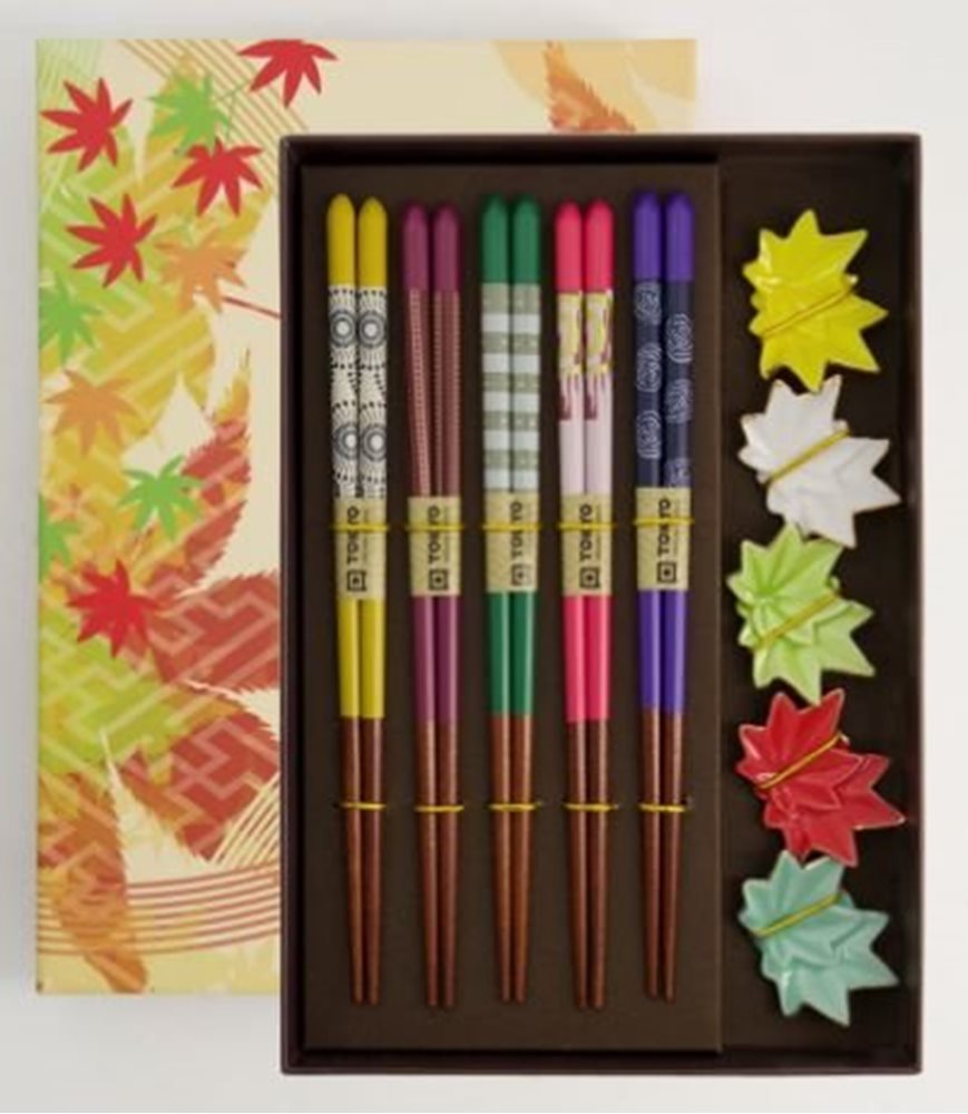 Picture of CN | Tokyo Design Studio | Chopsticks Giftset Mix and Rest Maple Leaf- 5 Pair | 1 set